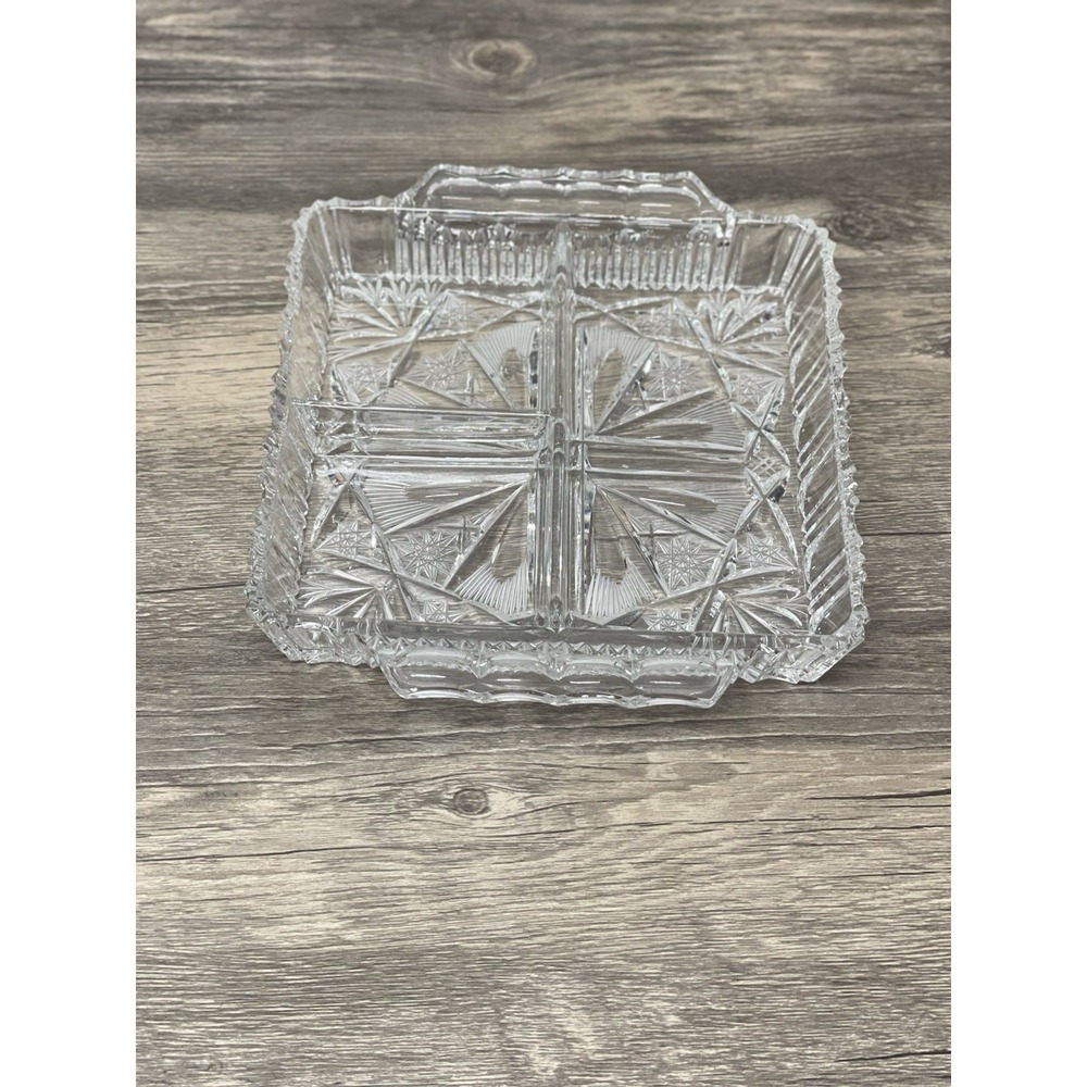 American Brilliant Period Cut Crystal Divided Relish Dish‎ ABP Style Handles